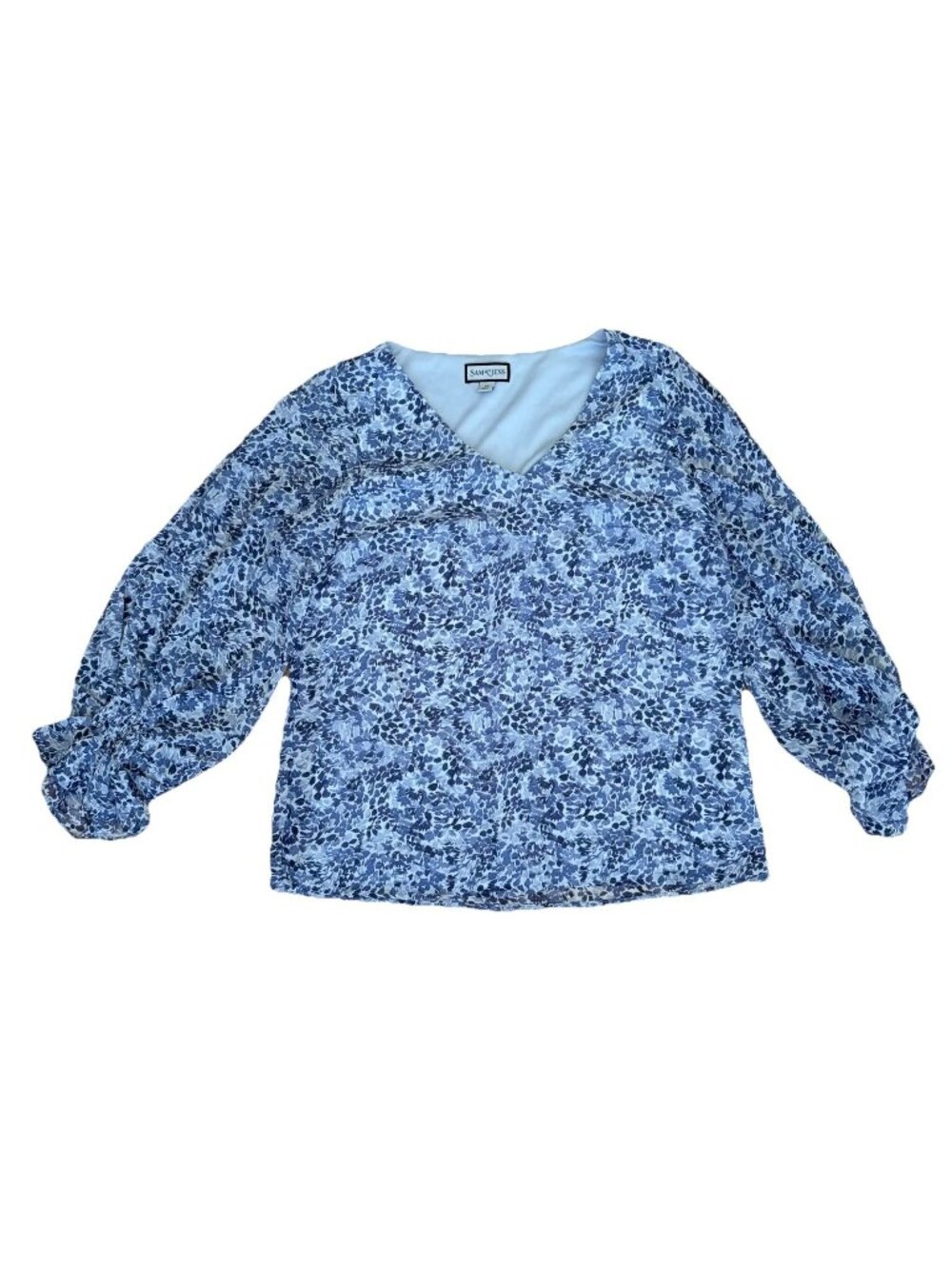 Sam and Jess Blouse Womens XS Blue Print Vneck Balloon Sleeve